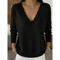 Womens Scalloped V Neck Pullover with Relaxed Fit in Ten Colors and Sizes Small to 3XL