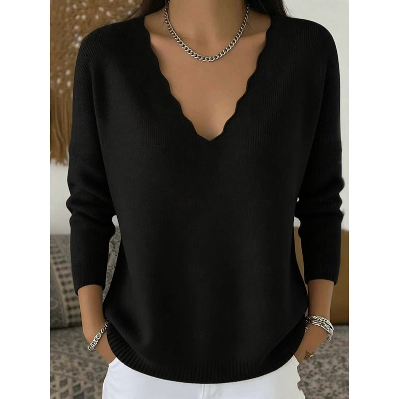 Womens Scalloped V Neck Pullover with Relaxed Fit in Ten Colors and Sizes Small to 3XL