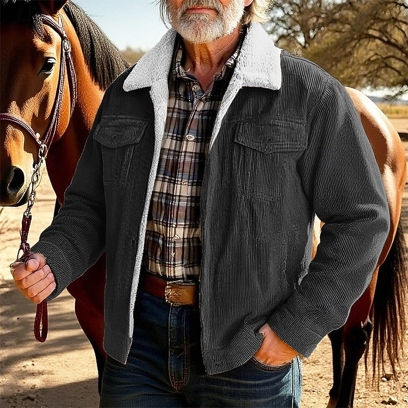 Mens Ranch Style Jacket with Fleece Lined Collar, Ribbed Texture and Chest and Side Pockets in Khaki, Gray or Coffee