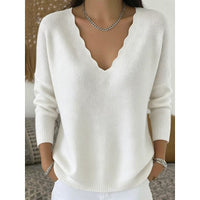 Womens Scalloped V Neck Pullover with Relaxed Fit in Ten Colors and Sizes Small to 3XL