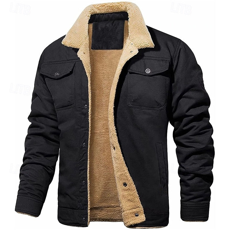 Mens Sherpa Lined Trucker Jacket with Fold Down Collar, Chest and Side Pockets and Button Closure in Five Colors