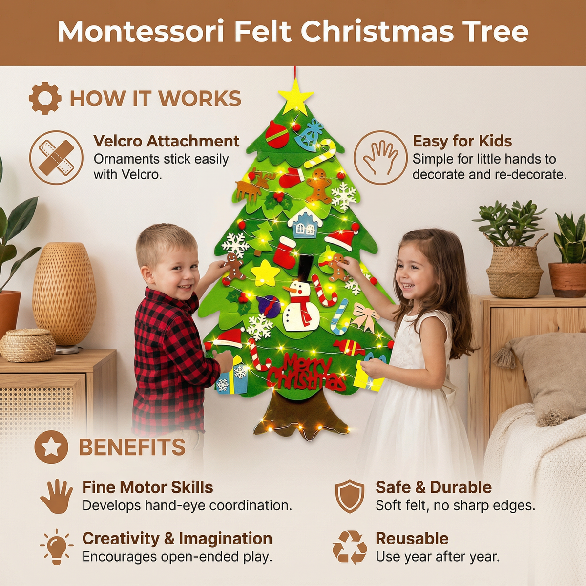 Interactive Felt Christmas Tree with Removable Ornaments for Kids All Vera Mart