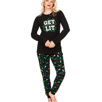 Womens Christmas Lights Pajama Set with Get Lit Slogan Top and Printed Pants