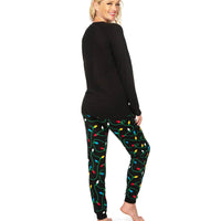 Womens Christmas Lights Pajama Set with Get Lit Slogan Top and Printed Pants