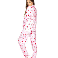 Womens Pink Santa Print Lapel Pajama Set for Christmas
