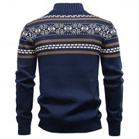 Mens Fair Isle Zip Up Cardigan with Stand Up Collar and Regular Fit in Navy Blue, Khaki and Military Green