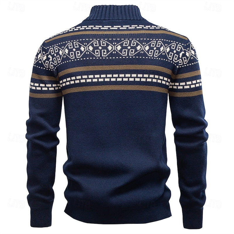 Mens Fair Isle Zip Up Cardigan with Stand Up Collar and Regular Fit in Navy Blue, Khaki and Military Green