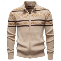 Mens Fair Isle Zip Up Cardigan with Stand Up Collar and Regular Fit in Navy Blue, Khaki and Military Green