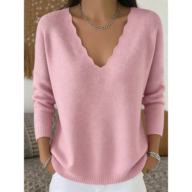 Womens Scalloped V Neck Pullover with Relaxed Fit in Ten Colors and Sizes Small to 3XL