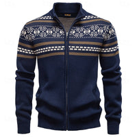 Mens Fair Isle Zip Up Cardigan with Stand Up Collar and Regular Fit in Navy Blue, Khaki and Military Green