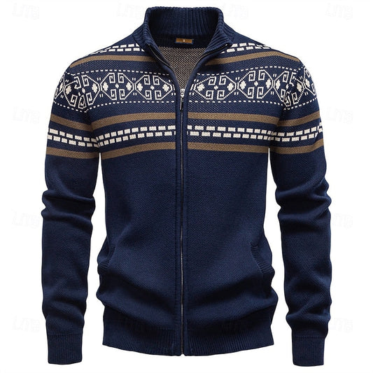Mens Fair Isle Zip Up Cardigan with Stand Up Collar and Regular Fit in Navy Blue, Khaki and Military Green