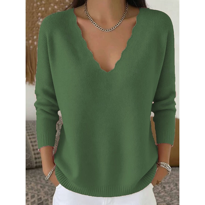 Womens Scalloped V Neck Pullover with Relaxed Fit in Ten Colors and Sizes Small to 3XL